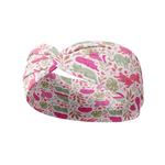 Catnip & Clover white headband featuring pink and green plants and cats design, crafted from a buttery-soft, ultra-stretchy poly-knit blend, the most comfortable hair accessory ever.