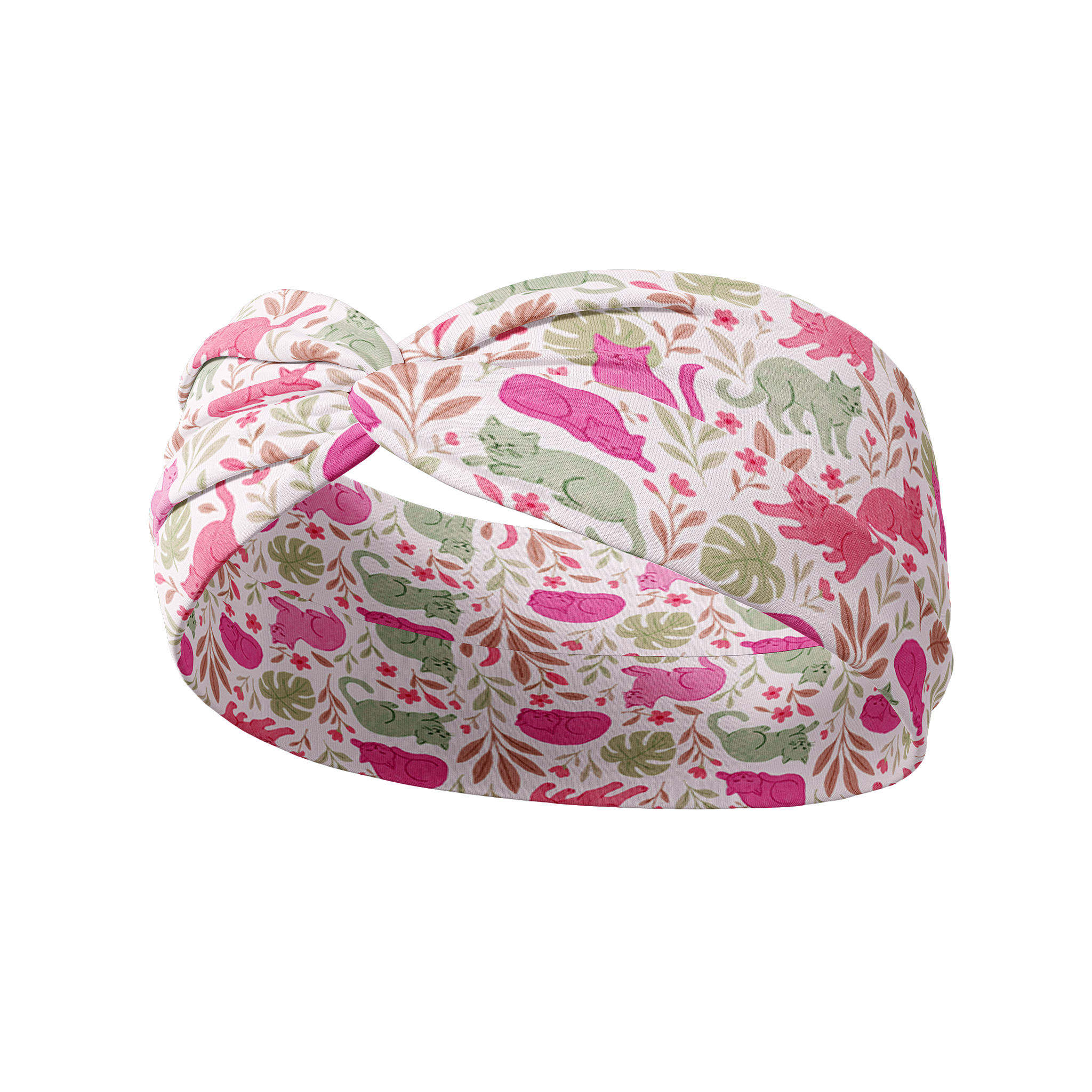Catnip & Clover white headband featuring pink and green plants and cats design, crafted from a buttery-soft, ultra-stretchy poly-knit blend, the most comfortable hair accessory ever.