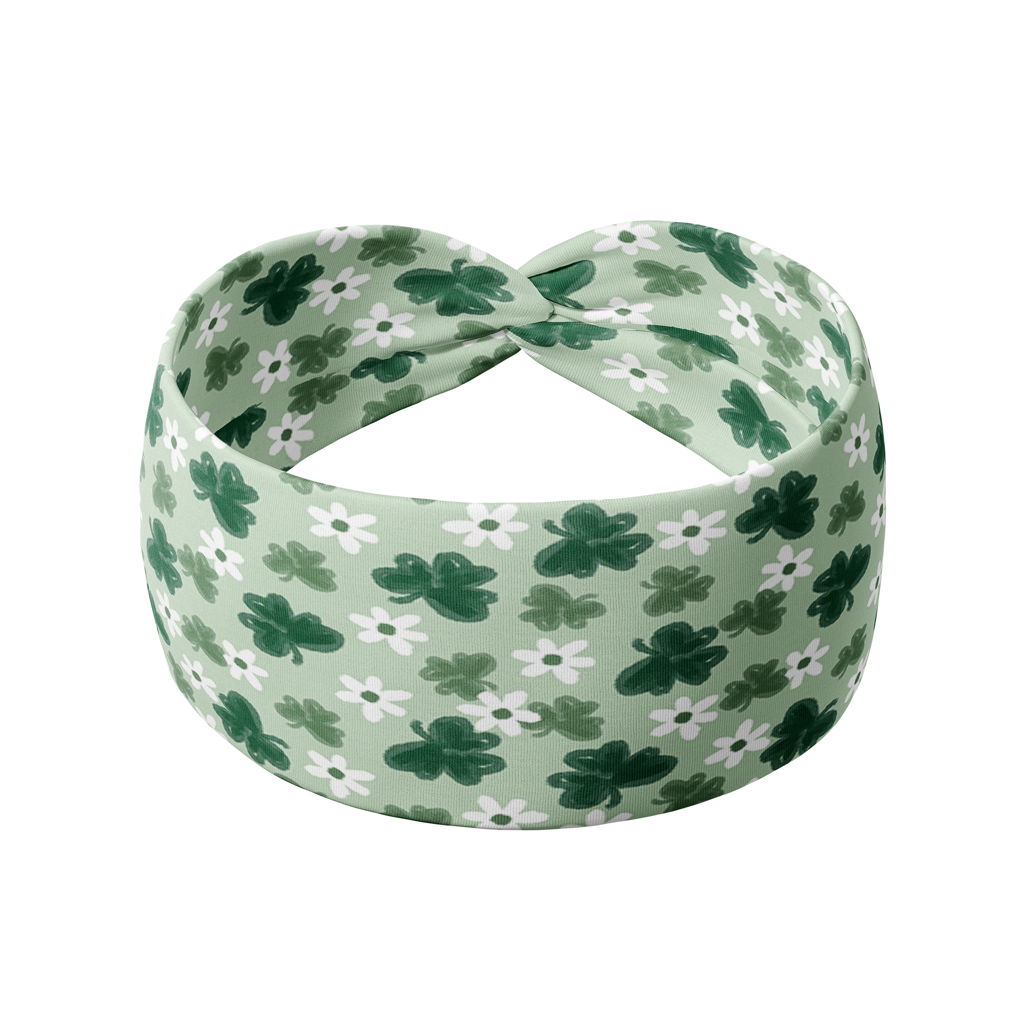 The green Pinch Proof headband with clovers and white flowers, designed for function and confidence during workouts, shifts, or play days. Machine washable, ultra stretchy, and sweat absorbent.