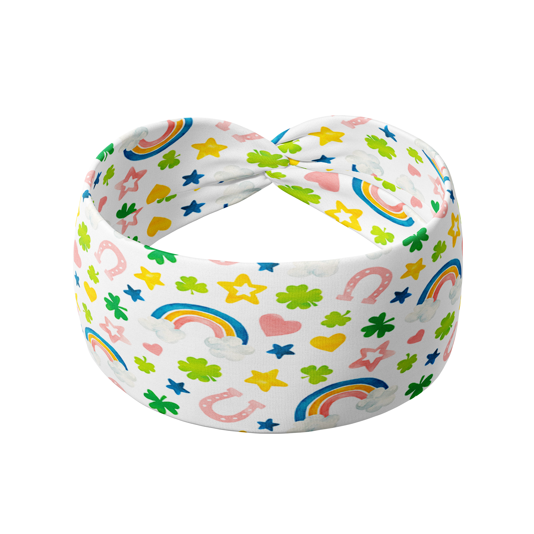 A versatile, functional white headband with colorful rainbow, clover, horseshoe, heart and star designs, perfect for workouts, shifts, or play days.