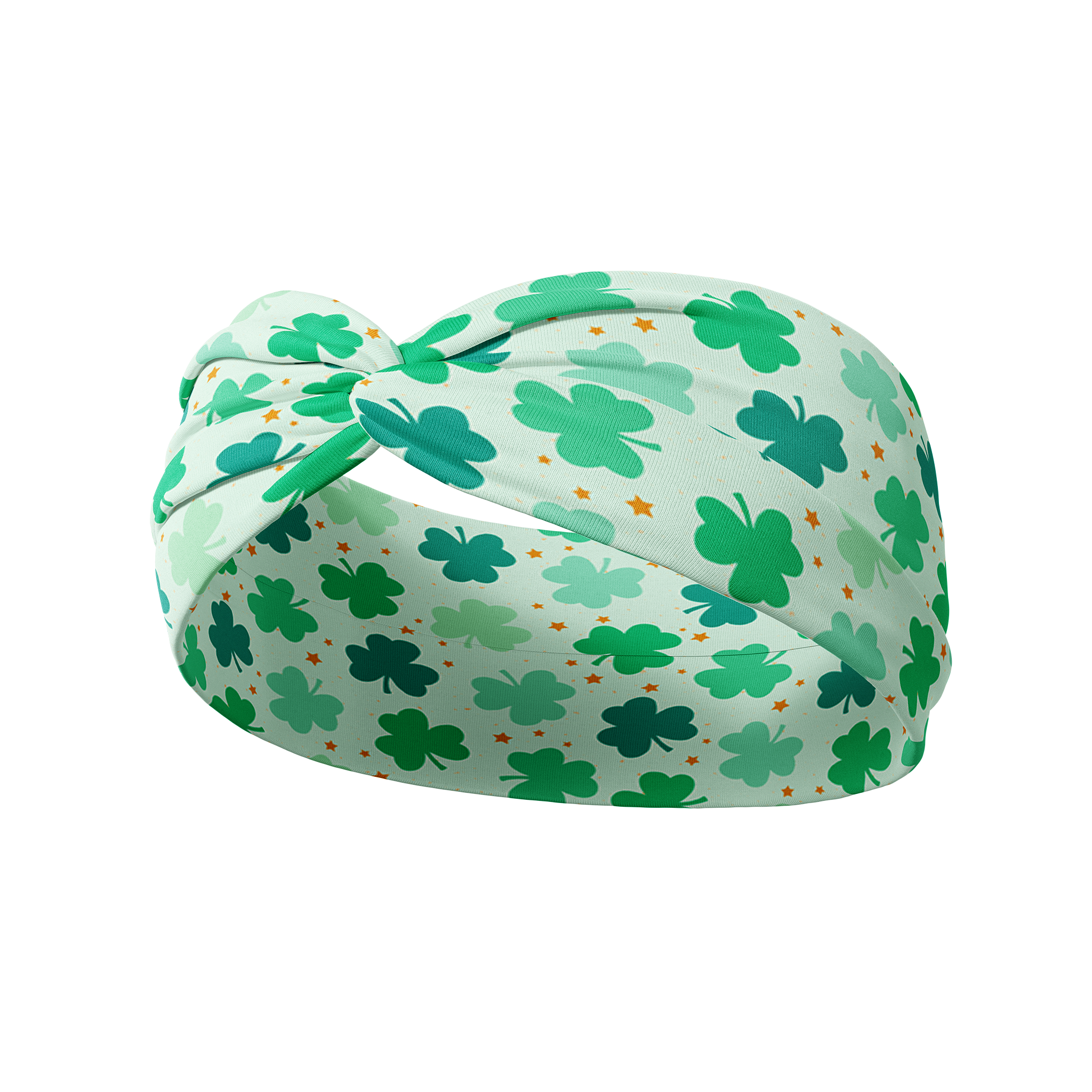 A functional soft green headband with clovers and orange stars, perfect for workouts or play days. One size fits most. Machine washable, sweat absorbent, and non-slip.