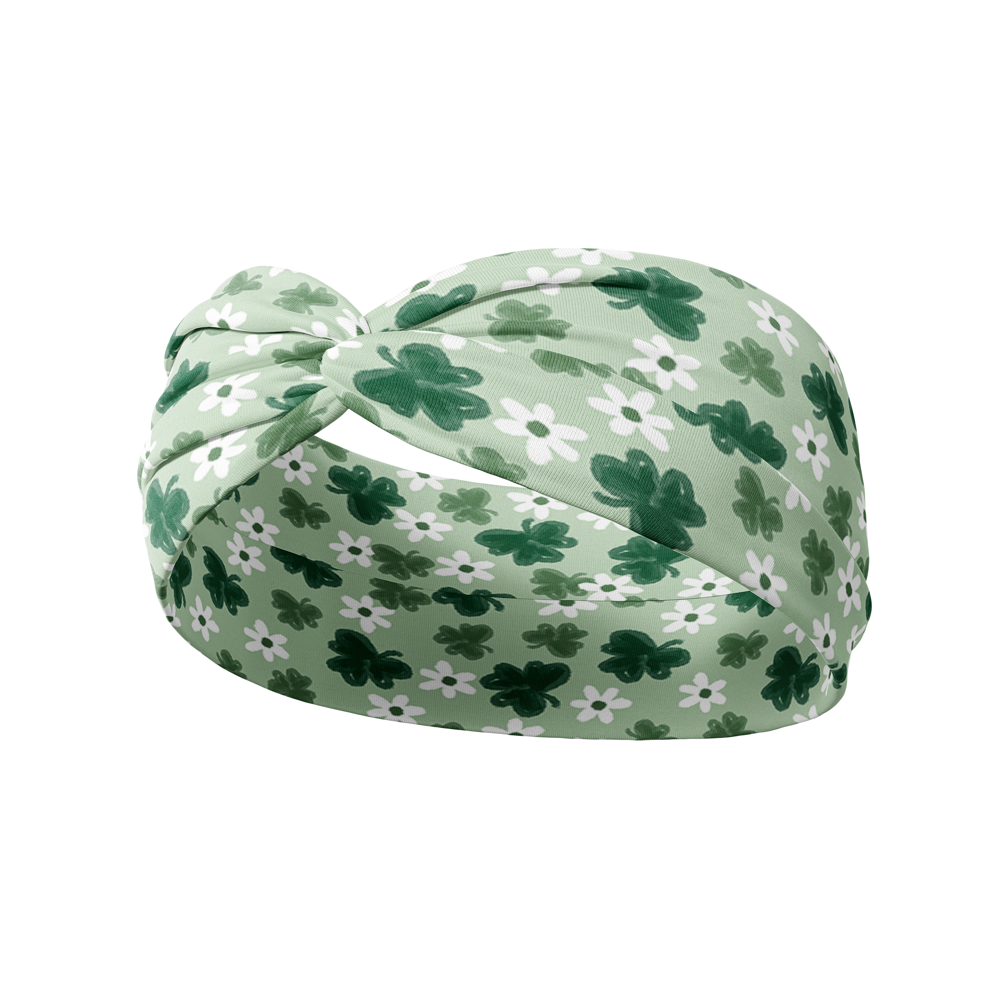 The green Pinch Proof headband with clovers and white flowers, designed for function and confidence during workouts, shifts, or play days. Machine washable, ultra stretchy, and sweat absorbent.