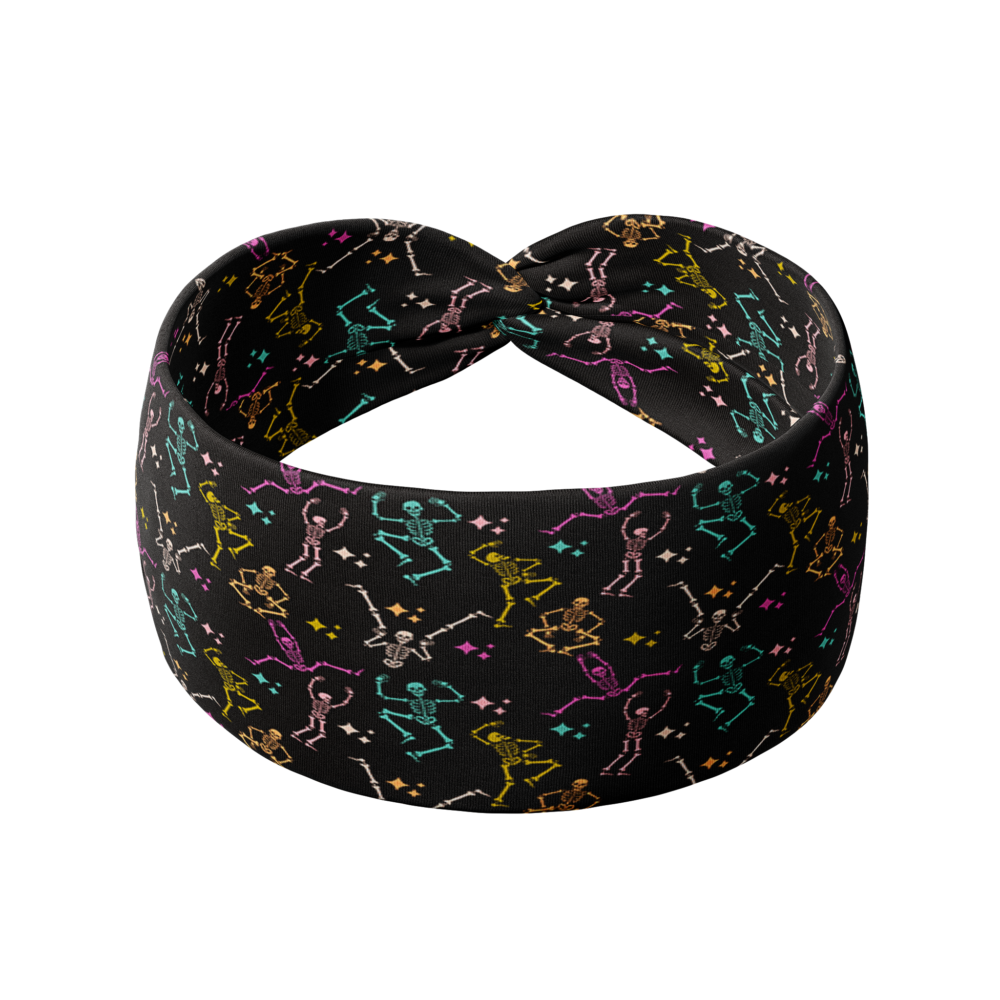 Never Better headband featuring colorful skeletons on black, buttery-soft, ultra-stretchy poly-knit blend. Versatile, non-slip, machine washable, perfect for workouts and daily wear.