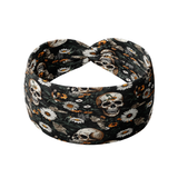 Quinn Floral on Black headband featuring skulls and flowers, ultra-stretchy poly-knit blend, sweat absorbent, non-slip, versatile twist style.