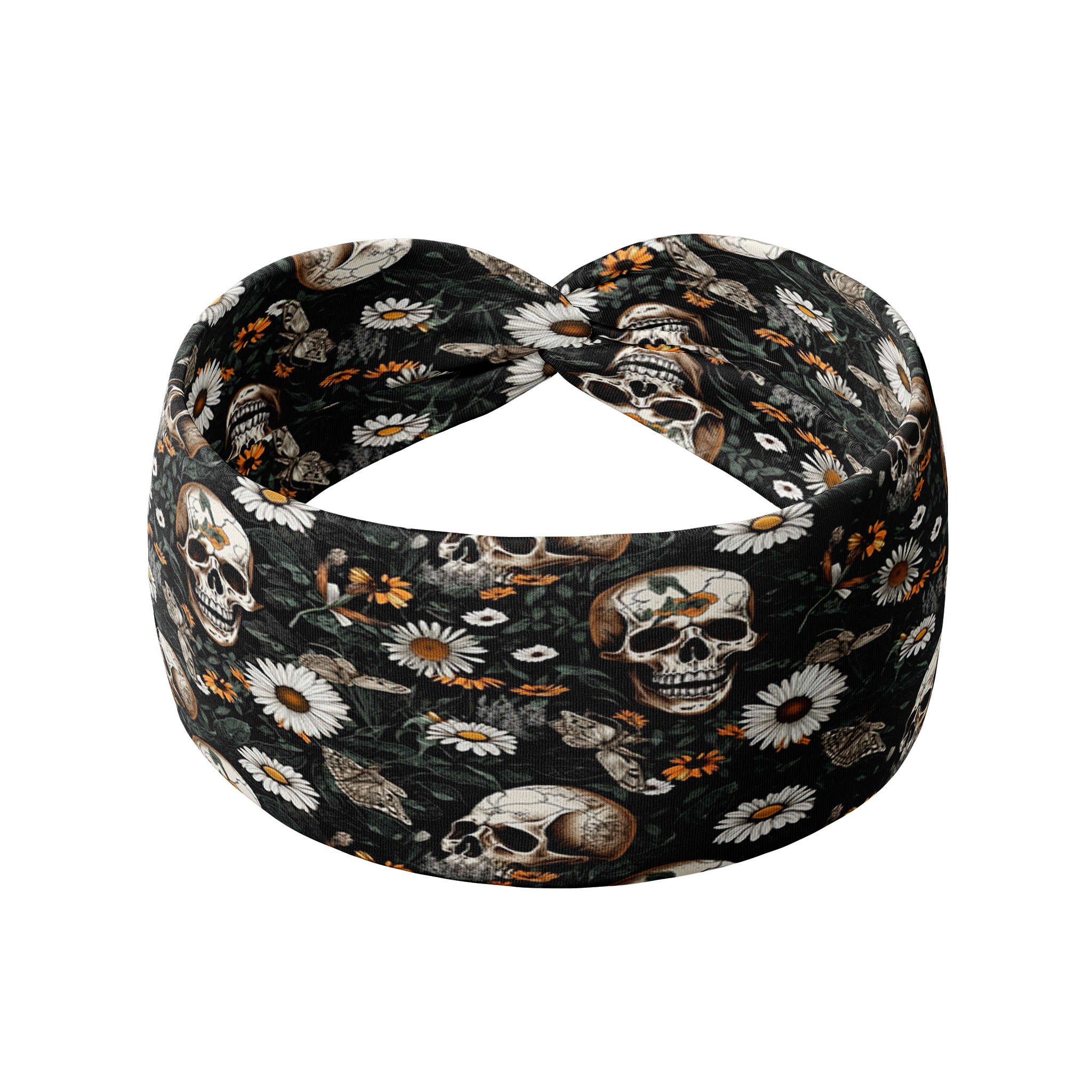 Quinn Floral on Black headband featuring skulls and flowers, ultra-stretchy poly-knit blend, sweat absorbent, non-slip, versatile twist style.