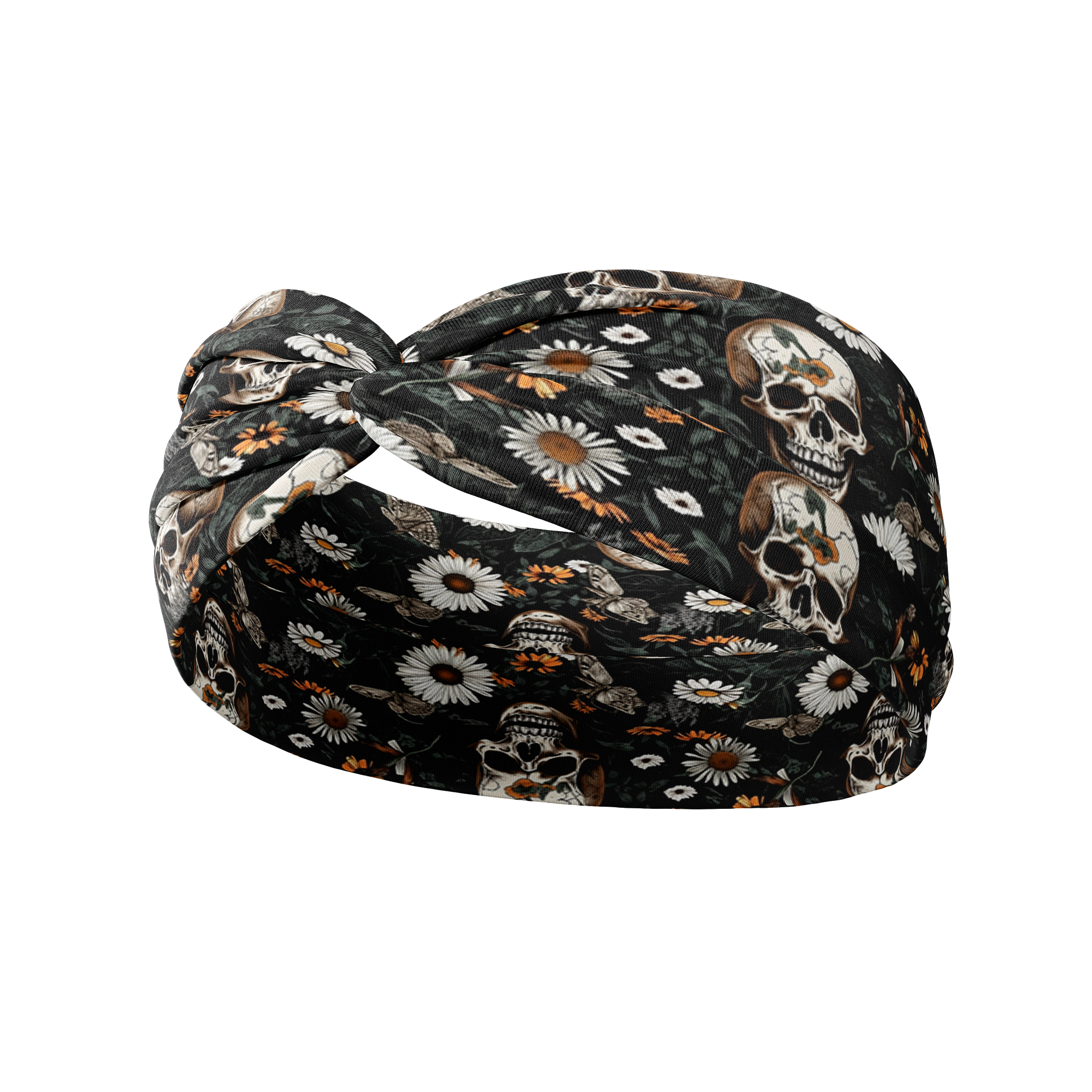 Quinn Floral on Black headband featuring skulls and flowers, ultra-stretchy poly-knit blend, sweat absorbent, non-slip, versatile twist style.