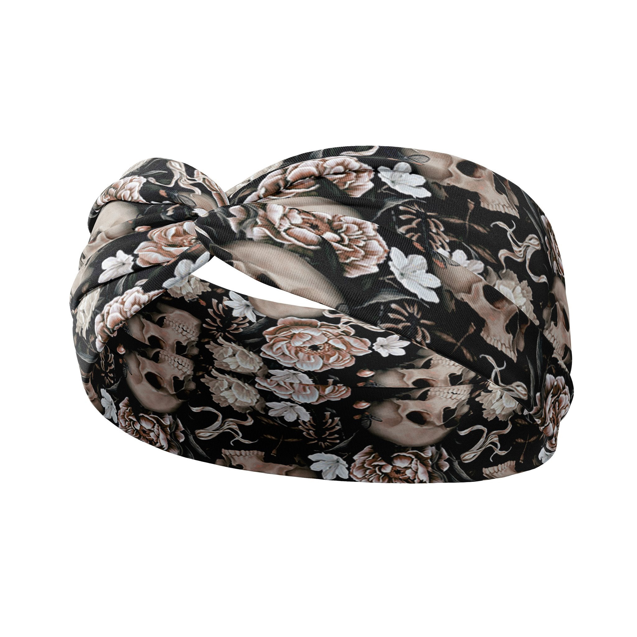 Adult women's black headband with allover artisticly painted human skulls, white peony flowers, other smaller white flowers and butterflies