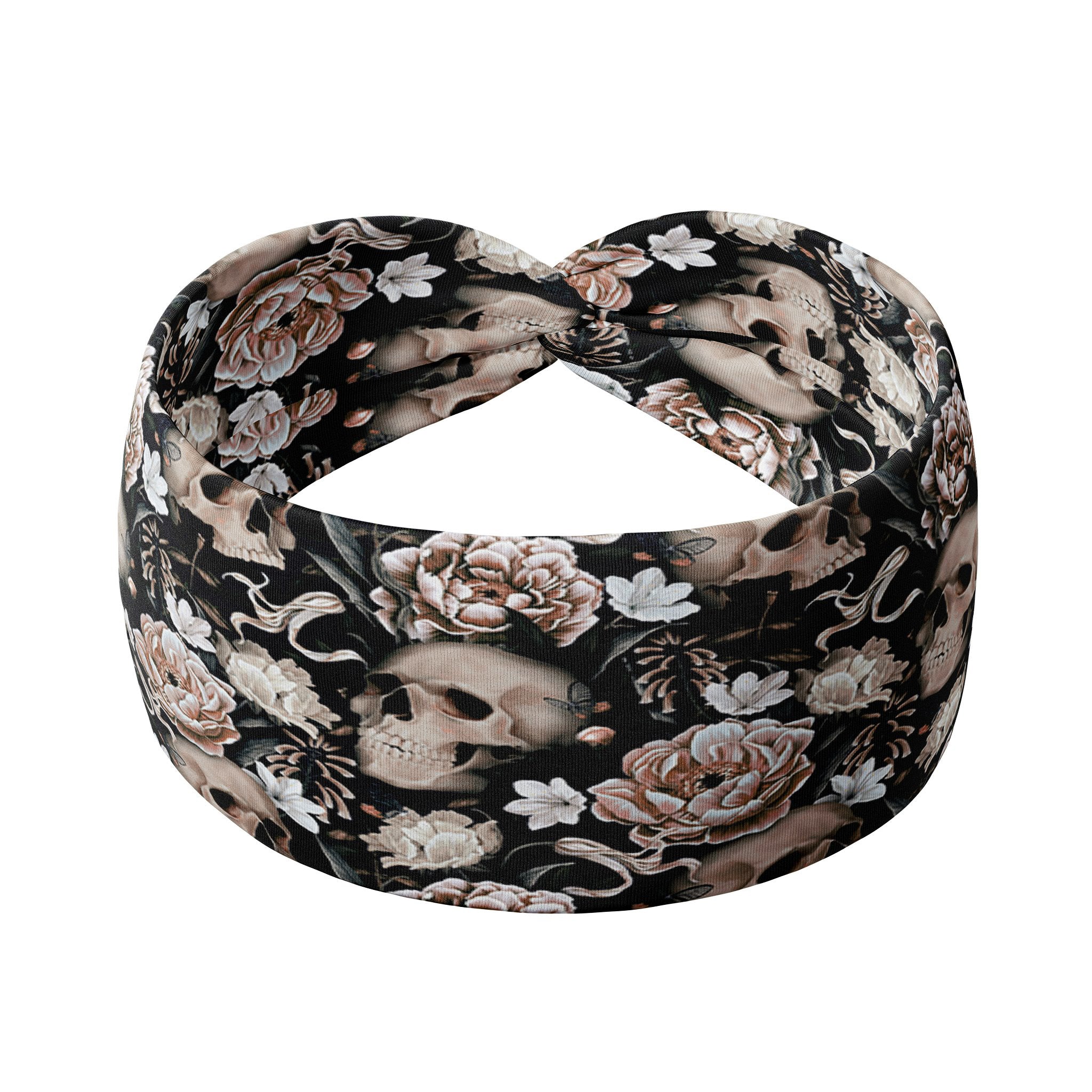 Adult women's black headband with allover artisticly painted human skulls, white peony flowers, other smaller white flowers and butterflies