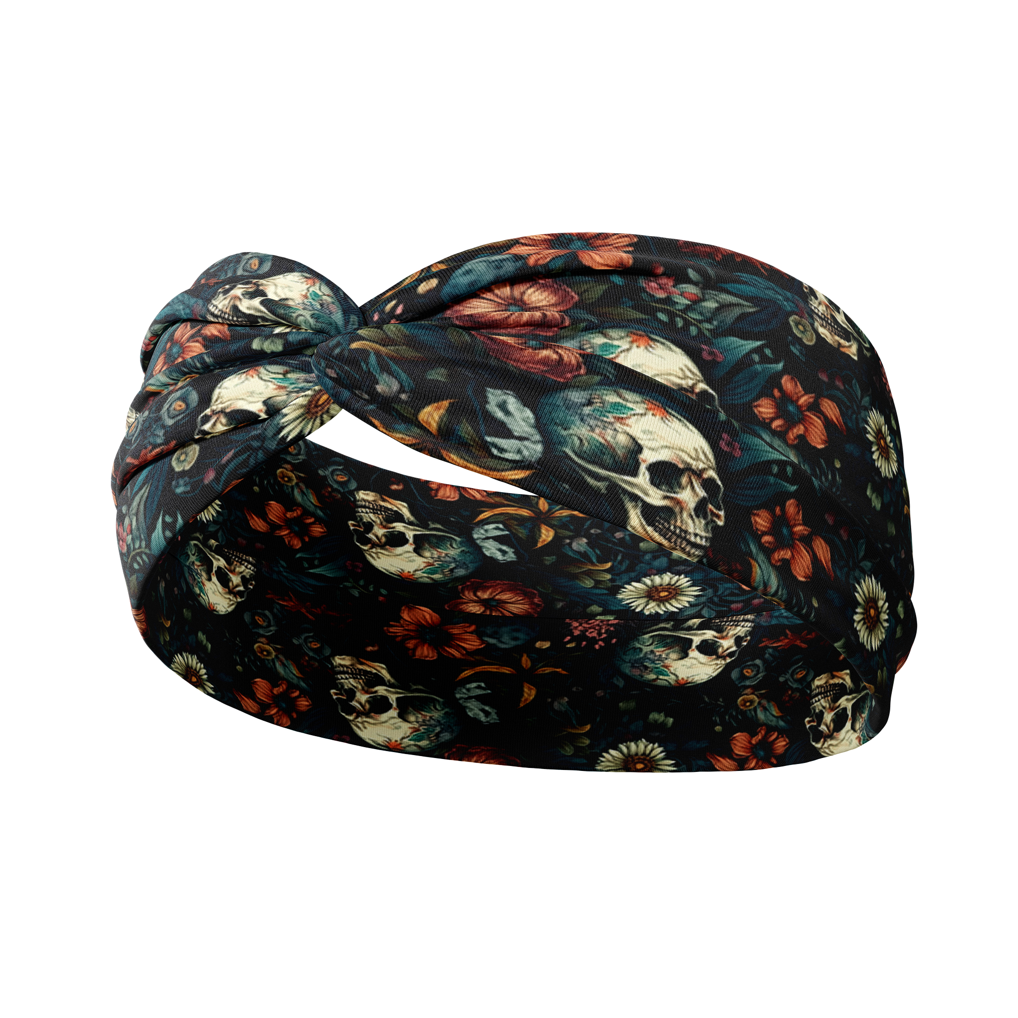 Adult women's black headband with various red, white, blue and green flowers and greenery with shadowed skulls