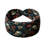 Adult women's black headband with various red, white, blue and green flowers and greenery with shadowed skulls