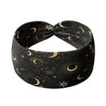 A Dark Side of the Moon headband, showcasing a moon and stars pattern on soft poly-knit fabric. Versatile twist style, sweat-absorbent, and non-slip for workouts or play.