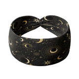 A Dark Side of the Moon headband, showcasing a moon and stars pattern on soft poly-knit fabric. Versatile twist style, sweat-absorbent, and non-slip for workouts or play.
