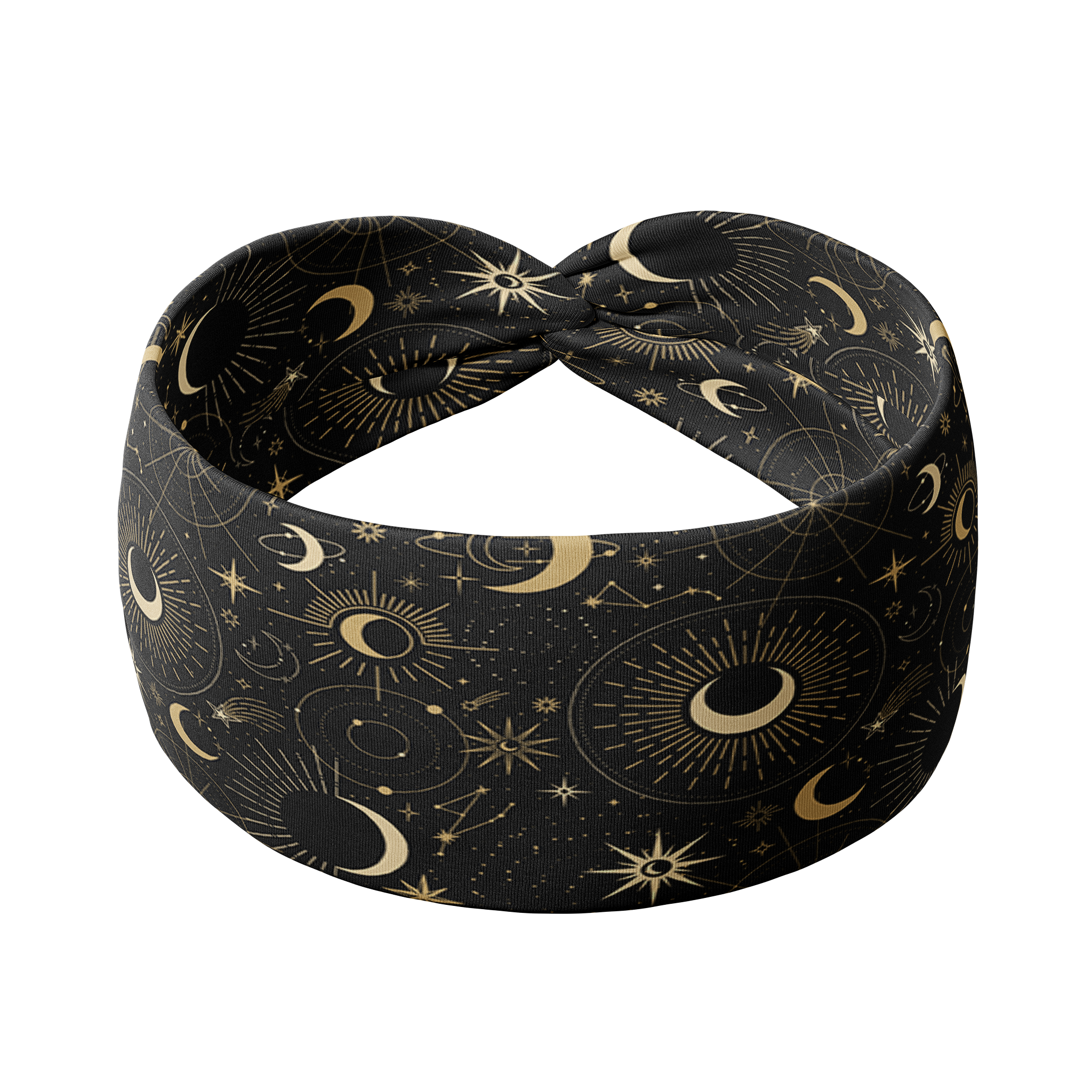 A Dark Side of the Moon headband, showcasing a moon and stars pattern on soft poly-knit fabric. Versatile twist style, sweat-absorbent, and non-slip for workouts or play.