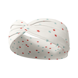 A white headband with red and blue stars, exuding fun and functionality. One size fits most, machine washable, ultra-soft poly-knit, versatile 3-in-1 twist style. Sweat absorbent and non-slip.