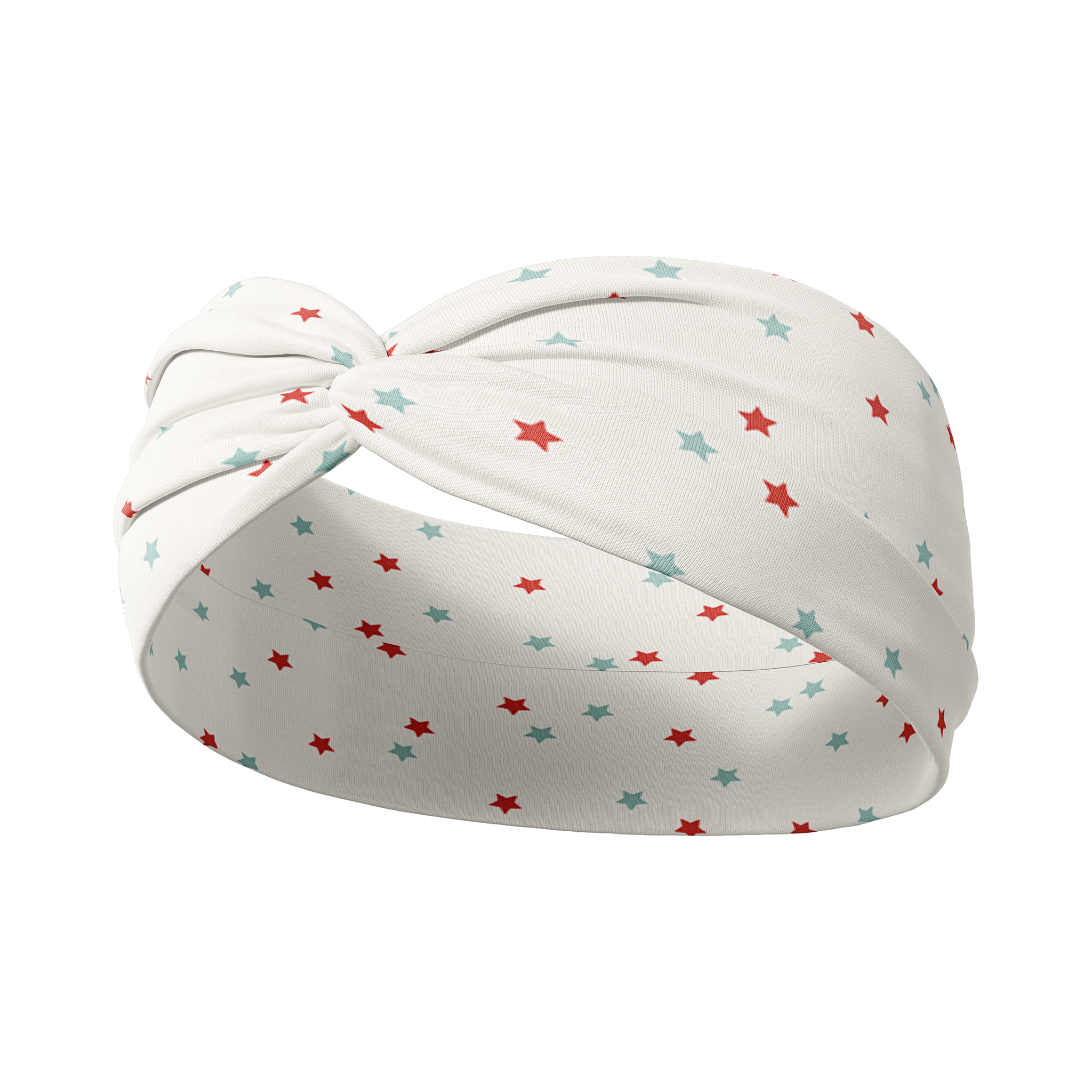 A white headband with red and blue stars, exuding fun and functionality. One size fits most, machine washable, ultra-soft poly-knit, versatile 3-in-1 twist style. Sweat absorbent and non-slip.