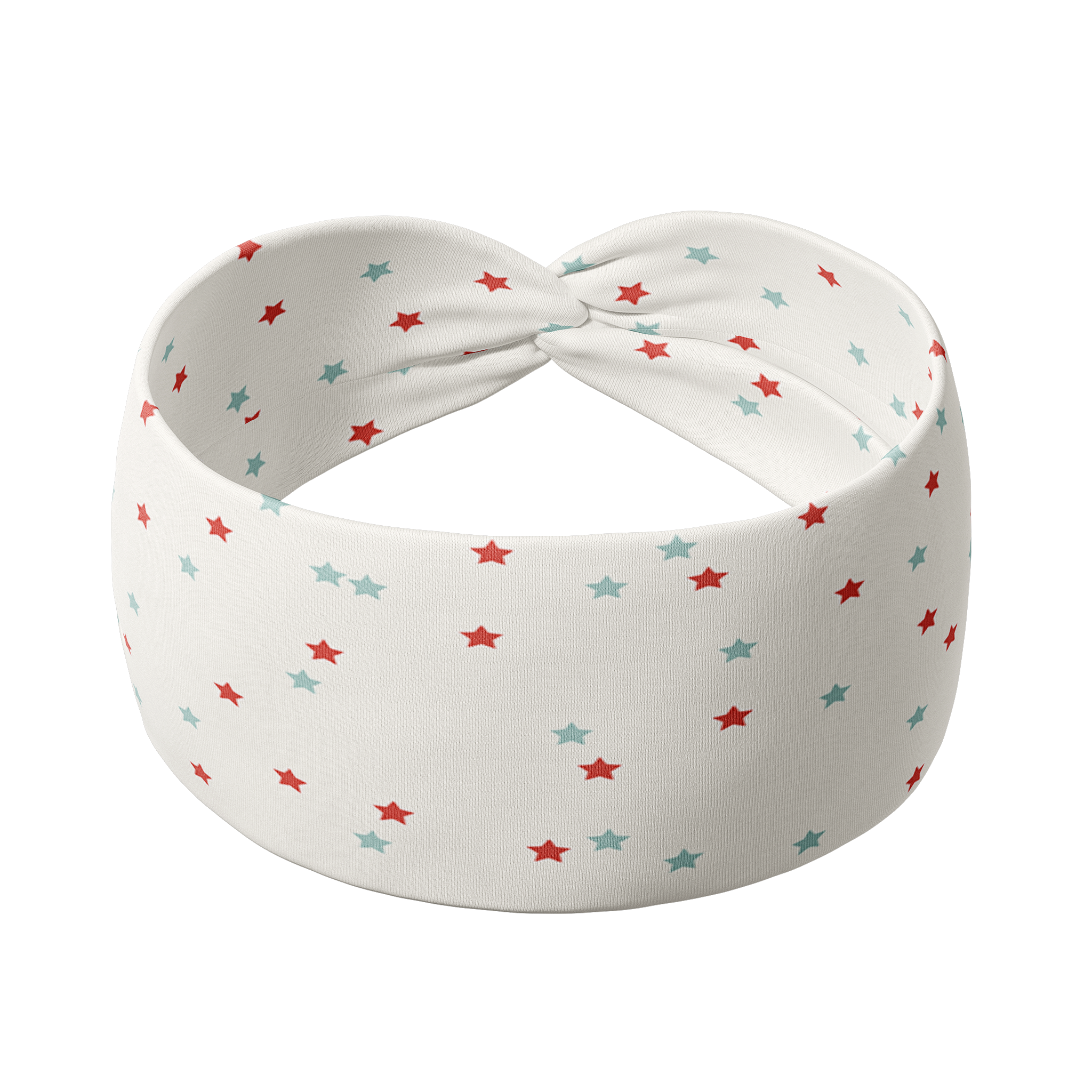 A white headband with red and blue stars, exuding fun and functionality. One size fits most, machine washable, ultra-soft poly-knit, versatile 3-in-1 twist style. Sweat absorbent and non-slip.