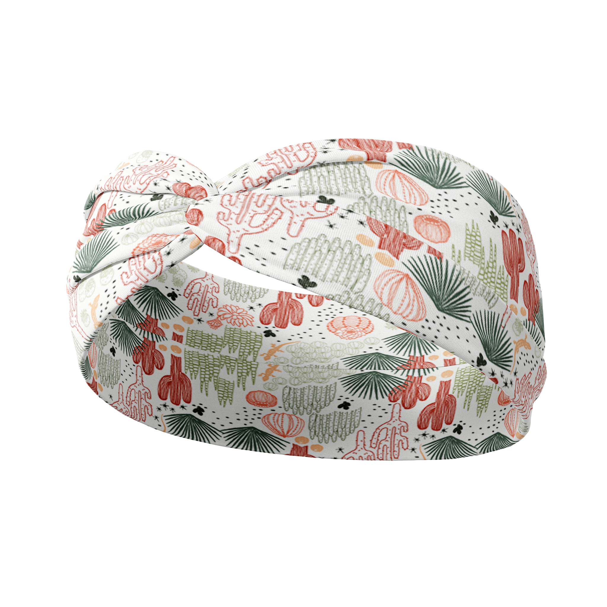 Adult women's white headband with sage, coral and orange outlines of desert cacti and plants with tiny black stars
