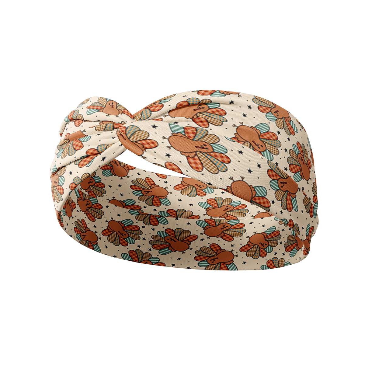 It's Giving Thanks headband features turkey motifs, offering a functional, non-slip design with a buttery-soft poly-knit blend, perfect for various activities.