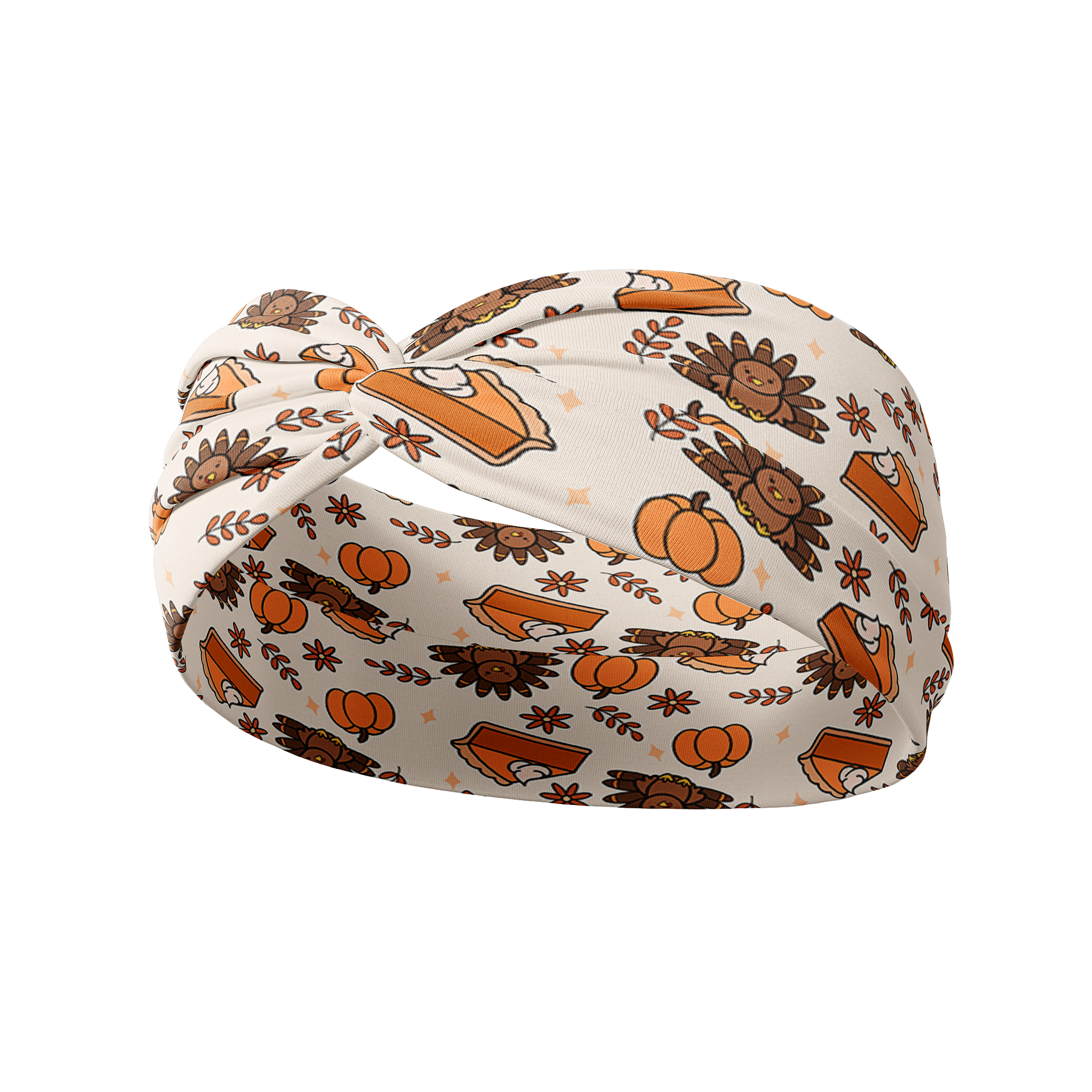 Sweet as Pie headband featuring Thanksgiving-themed cartoon turkeys and pumpkins, made from buttery-soft, ultra-stretchy poly-knit blend, offering versatile and reliable wearability.