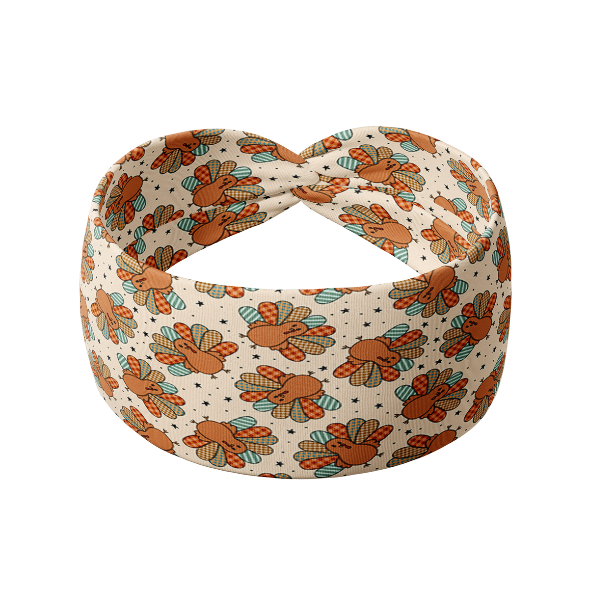 It's Giving Thanks headband features turkey motifs, offering a functional, non-slip design with a buttery-soft poly-knit blend, perfect for various activities.