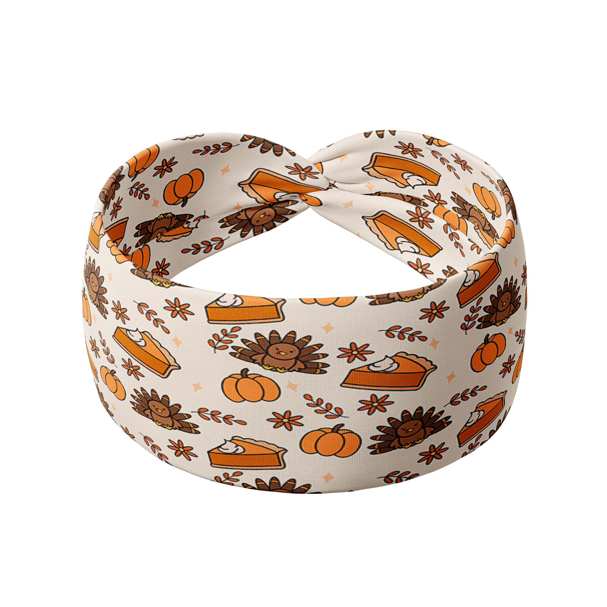 Sweet as Pie headband featuring Thanksgiving-themed cartoon turkeys and pumpkins, made from buttery-soft, ultra-stretchy poly-knit blend, offering versatile and reliable wearability.