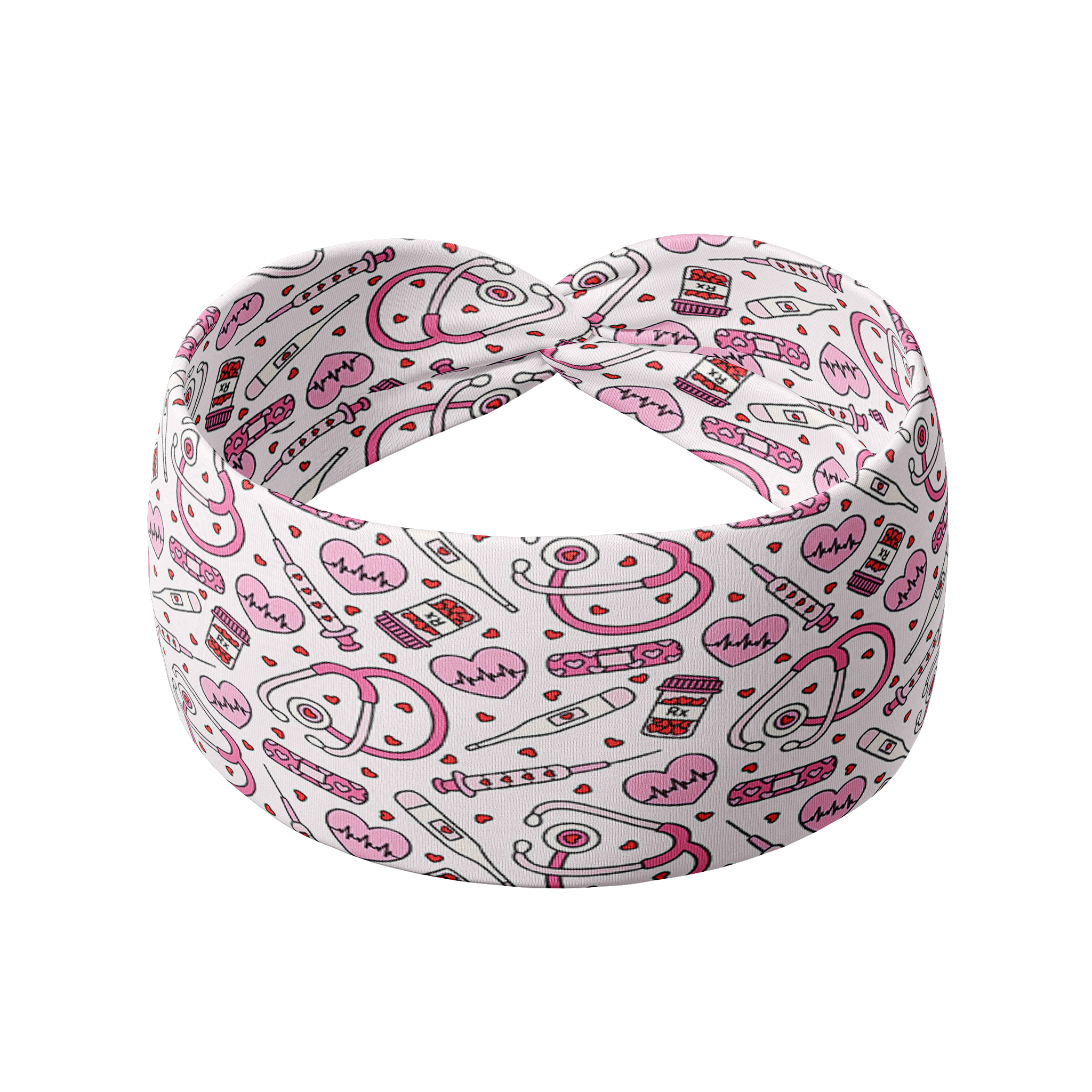 You Give Me Tachycardia white headband with pink pill bottle, stethoscopes, needles and hearts, designed for versatility and comfort with a stretchy, ultra-soft fabric.