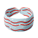 A patriotic headband featuring red and white wavy stripes, stars, and a blue background. Versatile 3-in-1 twist style, sweat-absorbent, and non-slip for workouts or play. Designed for confidence and comfort.