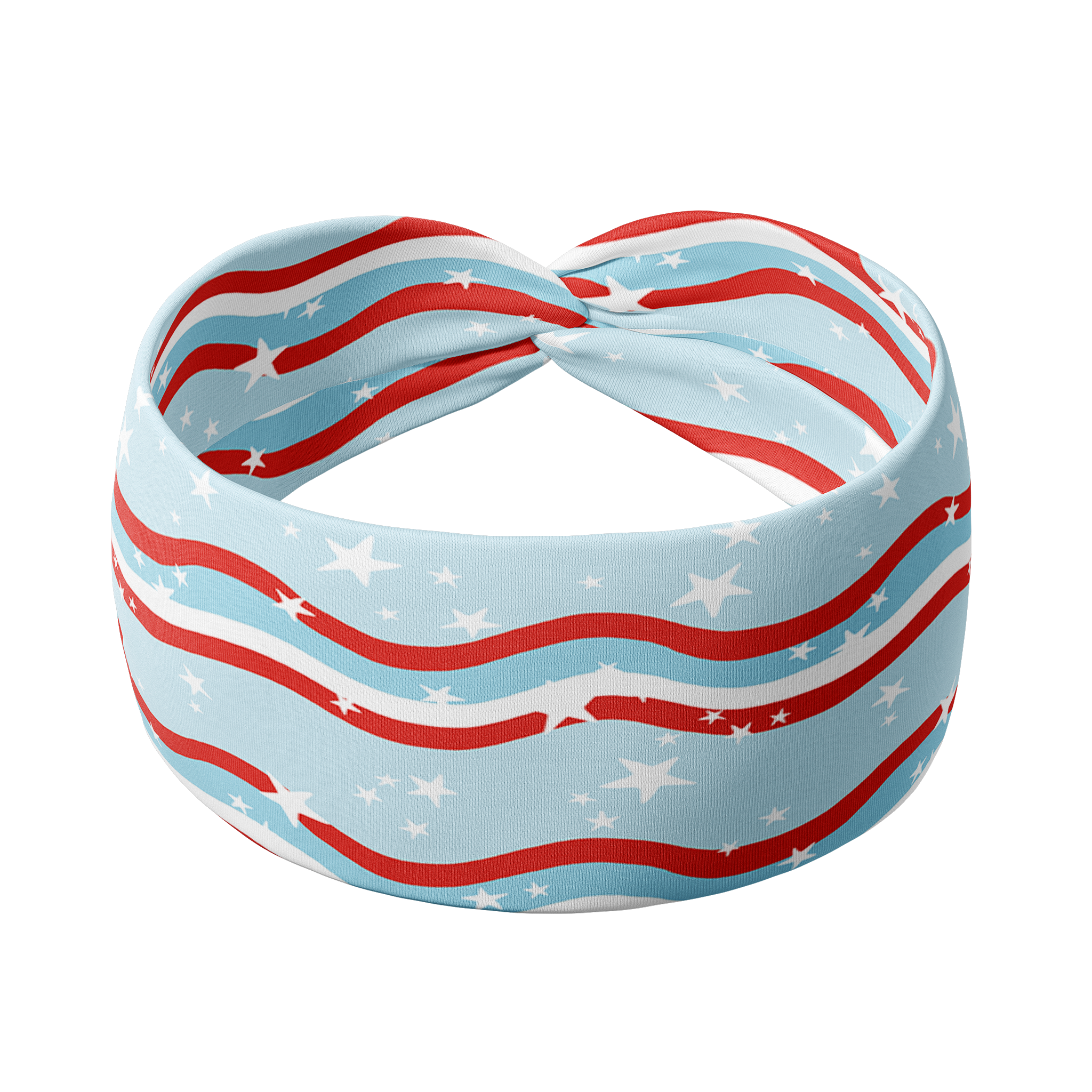 A patriotic headband featuring red and white wavy stripes, stars, and a blue background. Versatile 3-in-1 twist style, sweat-absorbent, and non-slip for workouts or play. Designed for confidence and comfort.