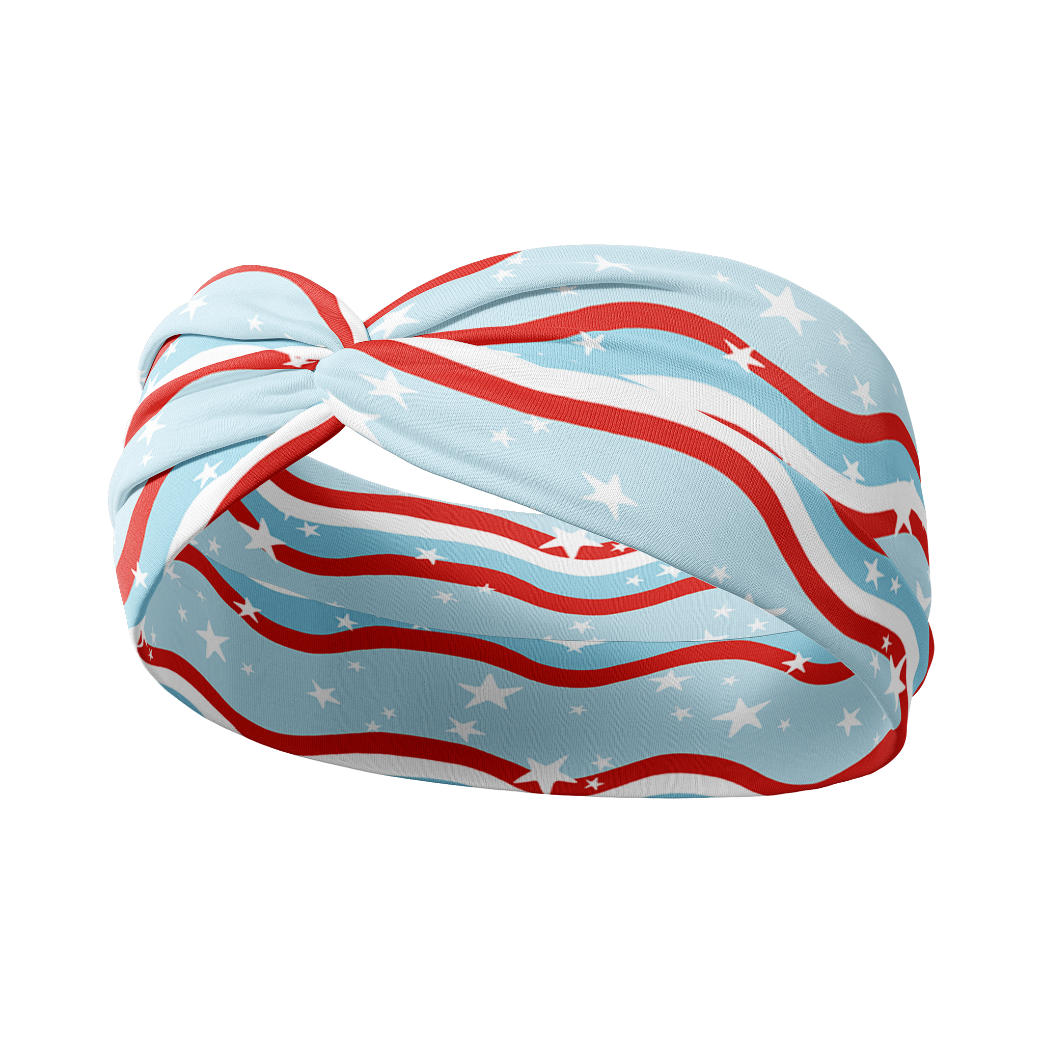 A patriotic headband featuring red and white wavy stripes, stars, and a blue background. Versatile 3-in-1 twist style, sweat-absorbent, and non-slip for workouts or play. Designed for confidence and comfort.