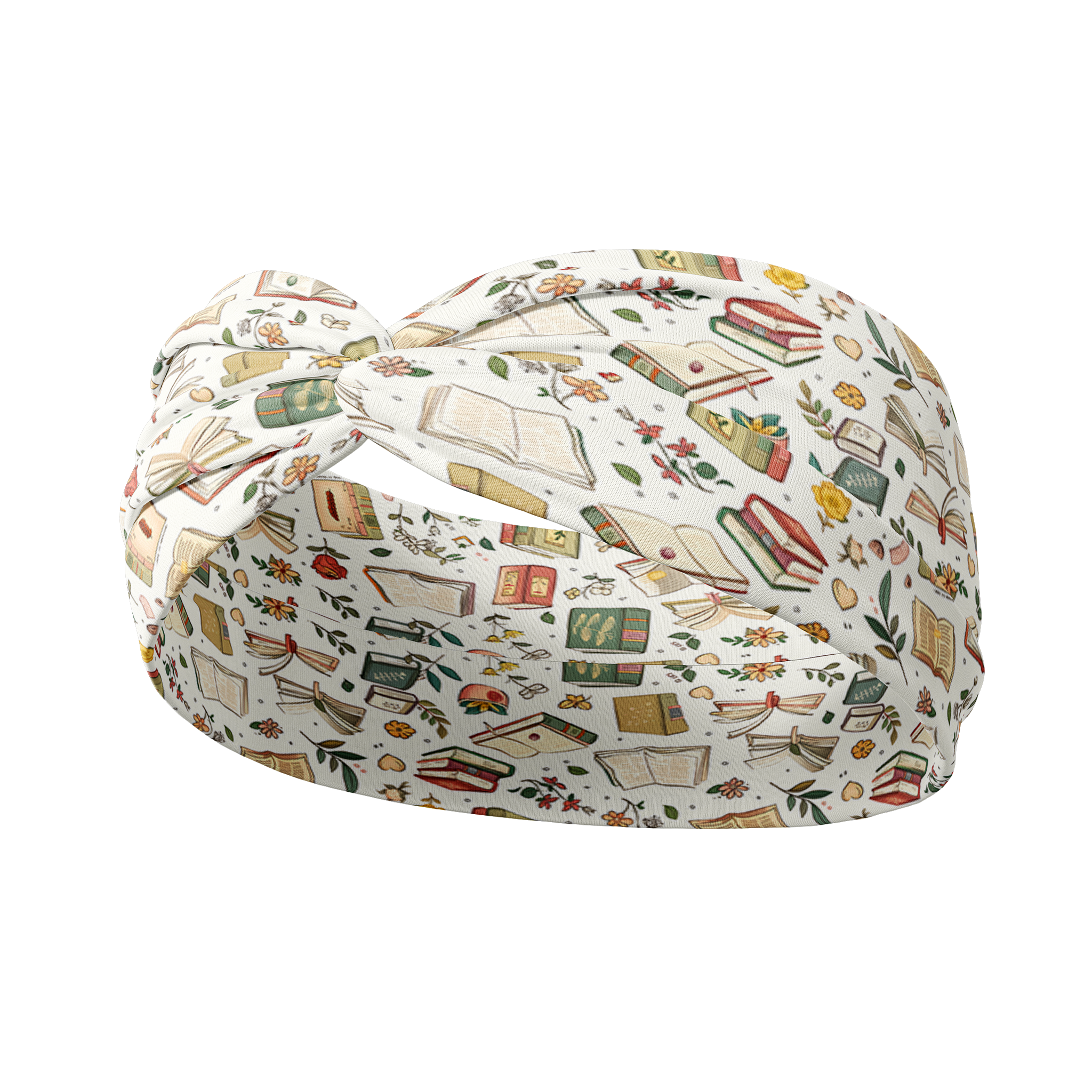 A white Petals and Pages headband featuring a book and floral print, designed for confidence and functionality. Lilac Market's Book Fairy headband offers a versatile 3-in-1 twist style, sweat-absorbent fabric, and a non-slip fit. Made in Springfield, MO.