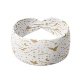 *LIMITED EDITION* 'Yer a Wizard, Harry headband featuring gold lightning bolts, stars, script of magic spells, flying owls and moons, offers a versatile 3-in-1 twist style, non-slip, and machine washable for active use.