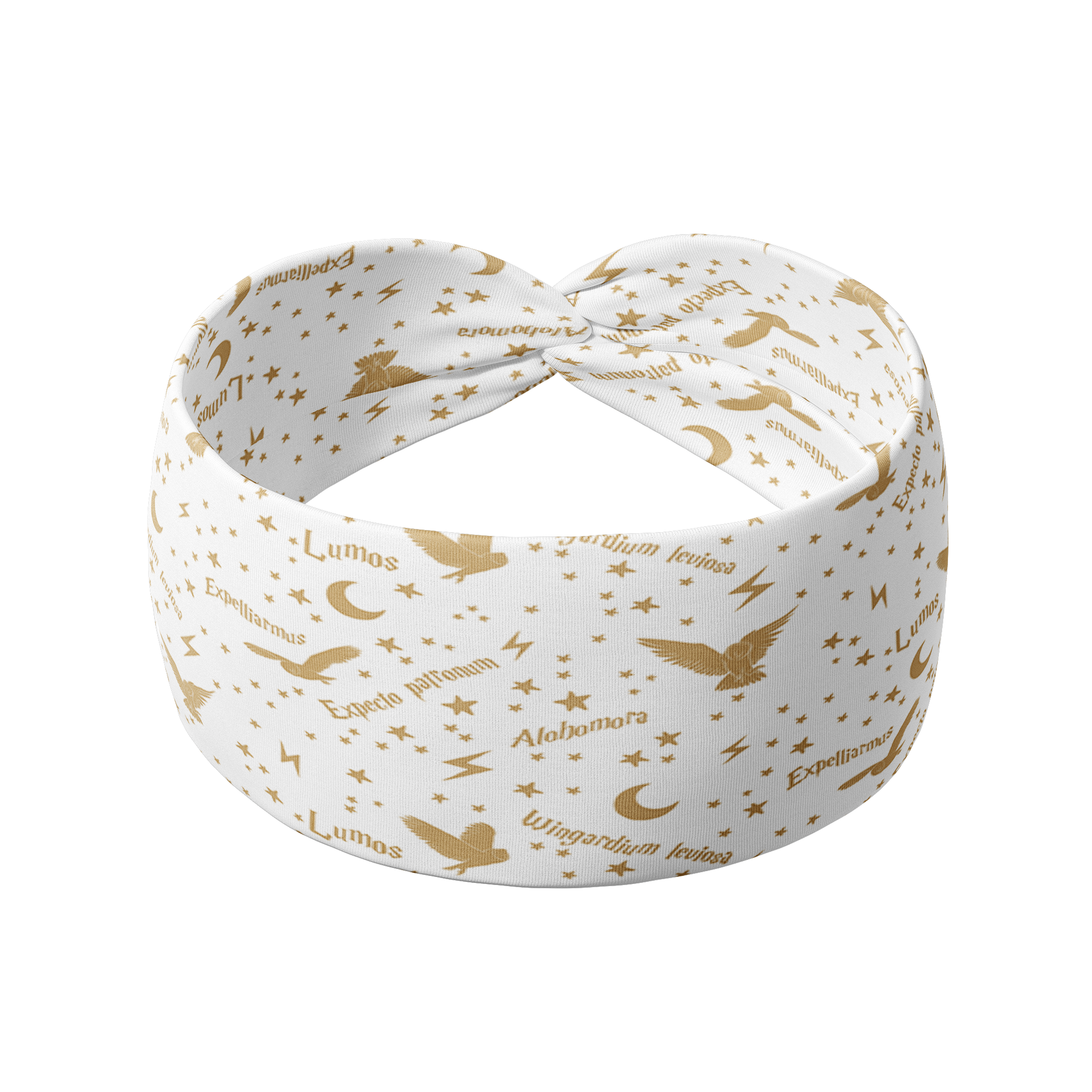 *LIMITED EDITION* 'Yer a Wizard, Harry headband featuring gold lightning bolts, stars, script of magic spells, flying owls and moons, offers a versatile 3-in-1 twist style, non-slip, and machine washable for active use.