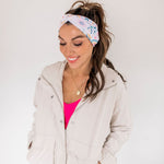 Adult women's white headband with multicolored rainbow and sun print