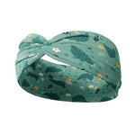 Adult women's teal headband with small yellow and white flowers and teal hand-drawn chickens pecking the ground