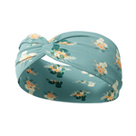 Adult women's light blue headband with yellow and white flowers surrounding white and black fluffy Silkie chickens