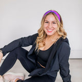 Adult women's deep purple and purple tie dye headband with starry white dots
