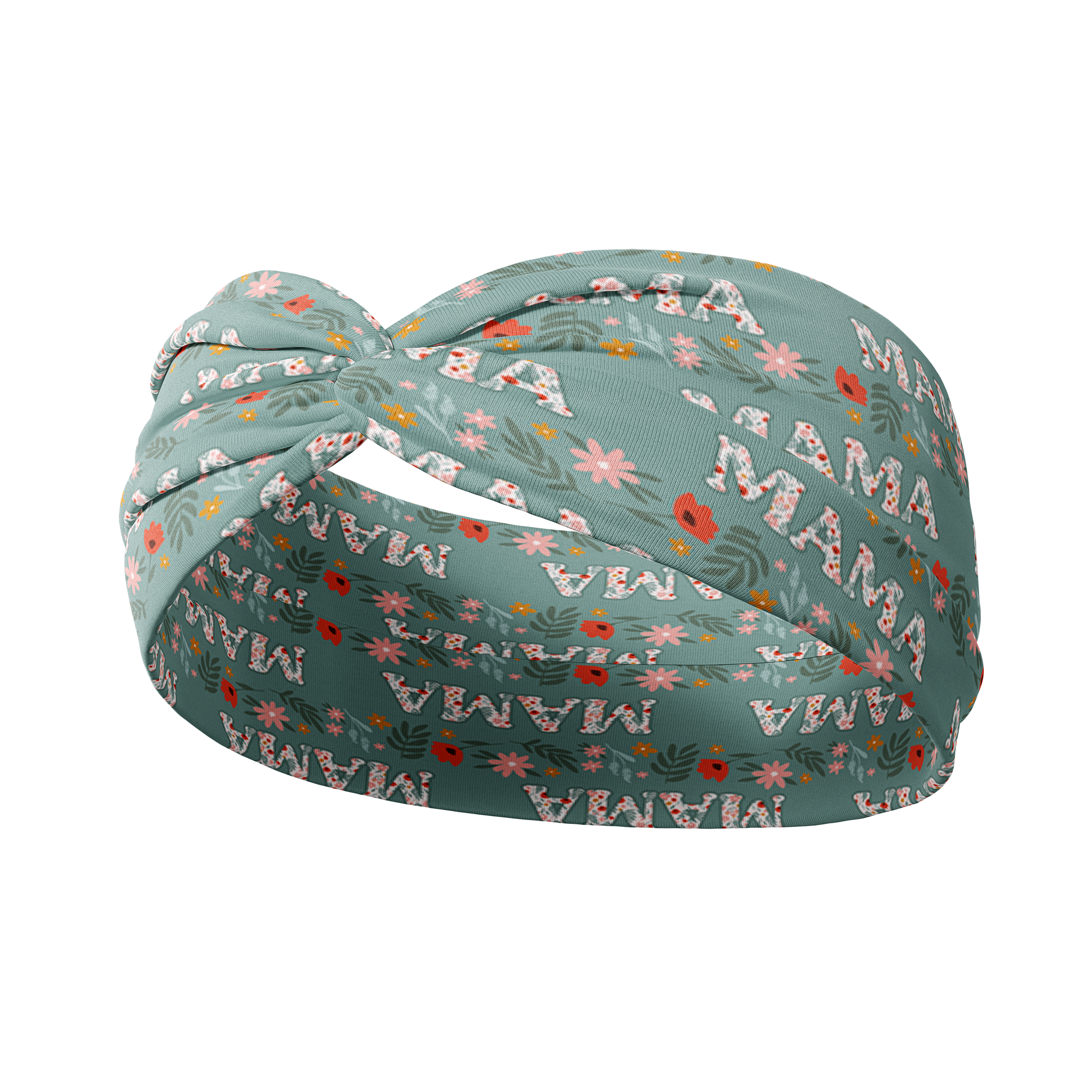 Adult women's sage headband with small red poppies, pink and yellow flowers and the text "mama" with white floral pattern in the script