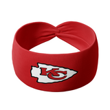 Adult women's red headband with one white arrowhead and red "KC" font in the center