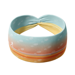 Adult women's gradient headband with yellow, orange and blue with allover white shoe prints, three yellow, orange and white horizontal lines and the white script saying "enjoy the miles"