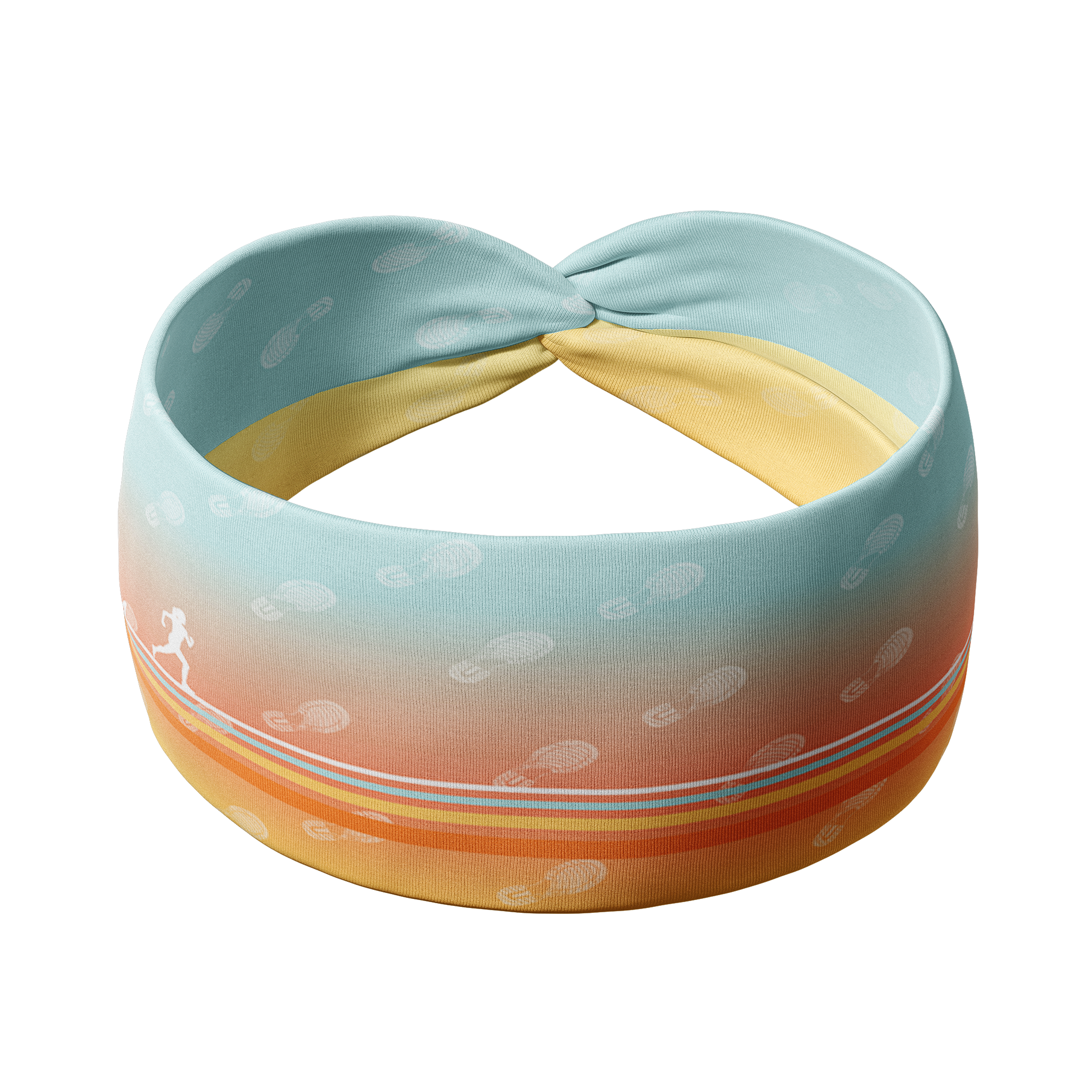 Adult women's gradient headband with yellow, orange and blue with allover white shoe prints, three yellow, orange and white horizontal lines and the white script saying "enjoy the miles"