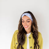 Adult women’s headband with white and blue checker print