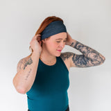 Adult women's onyx headband with off-black lines tribal lines and angles