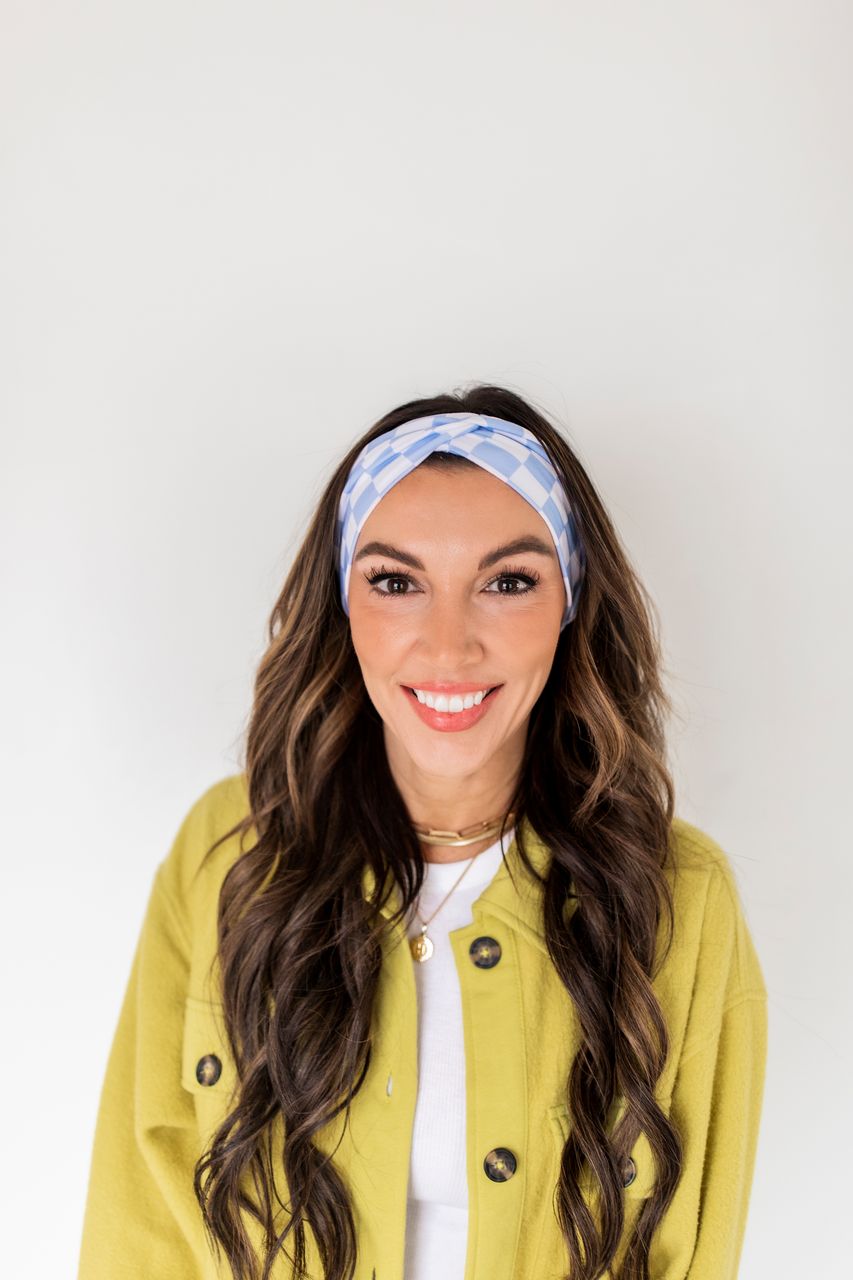 Adult women’s headband with white and blue checker print