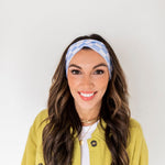 Adult women’s headband with white and blue checker print