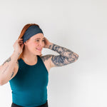 Adult women's onyx headband with off-black lines tribal lines and angles