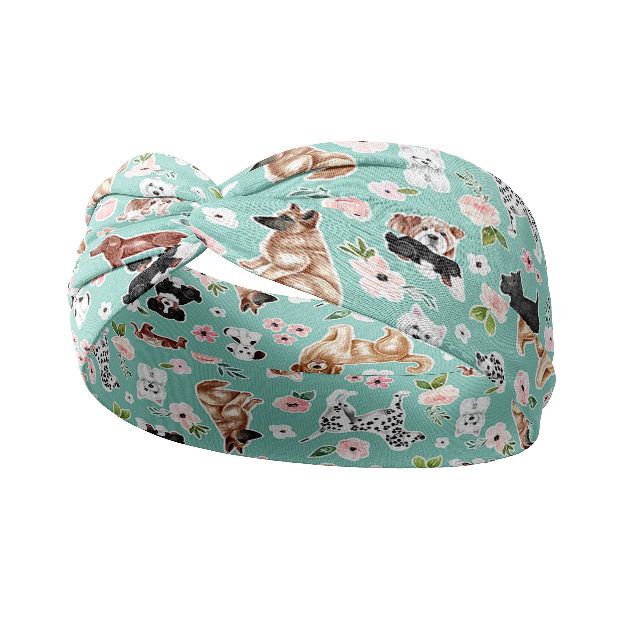 Adult women's aqua headband with drawn Scottish Terriers, Golden Retrievers, Corgis, Dalmations, Bulldogs, Dachsunsds, Weston Terrier and pink flowers allover