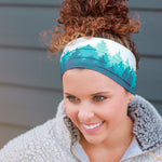 Adult women's ivory headband with shades of teal forest silhouette print
