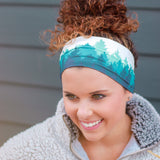 Adult women's ivory headband with shades of teal forest silhouette print