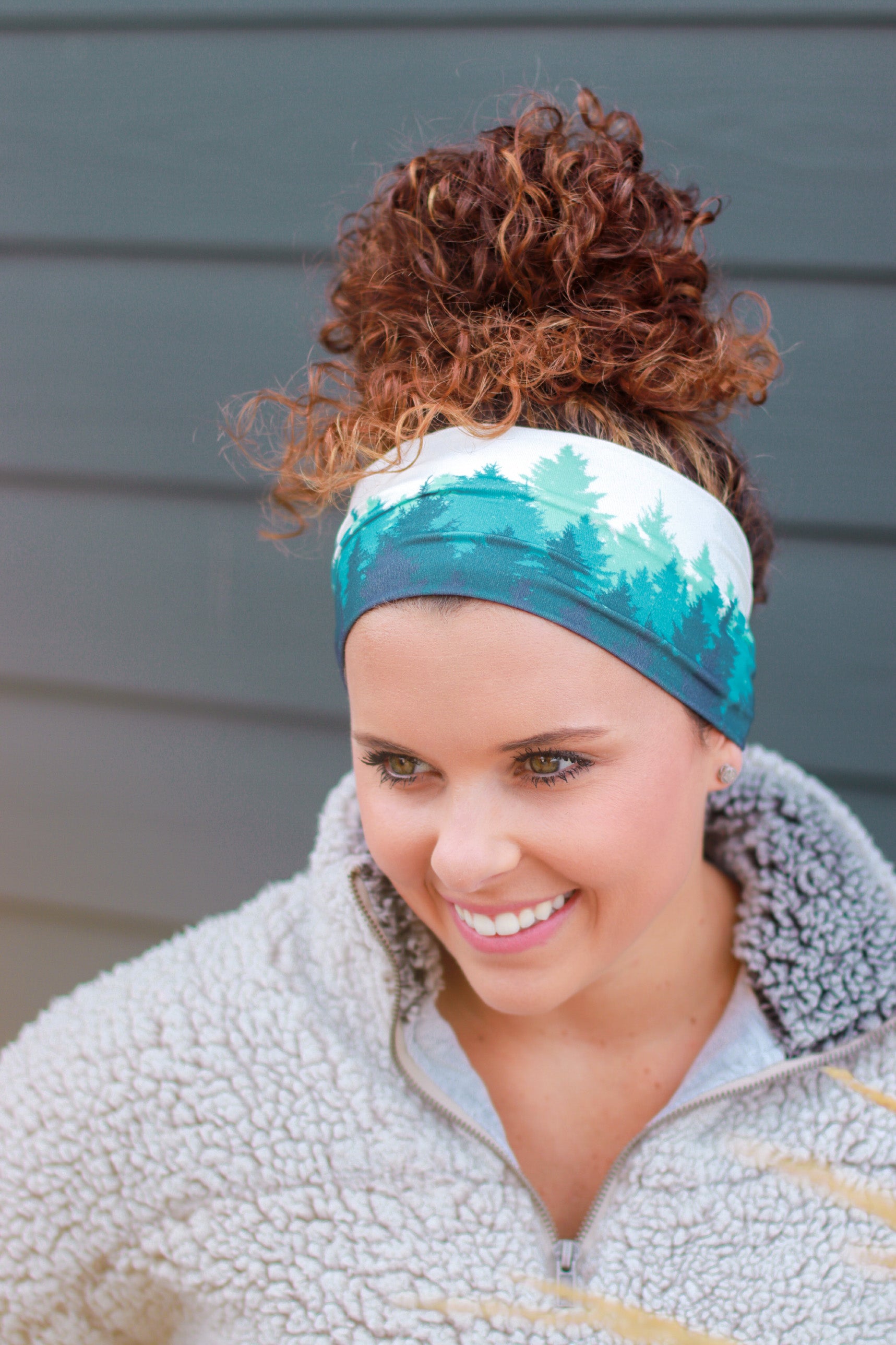 Adult women's ivory headband with shades of teal forest silhouette print