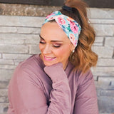 Adult women's eggshell blue headband with blush, hot pink and teal flowers with leaves